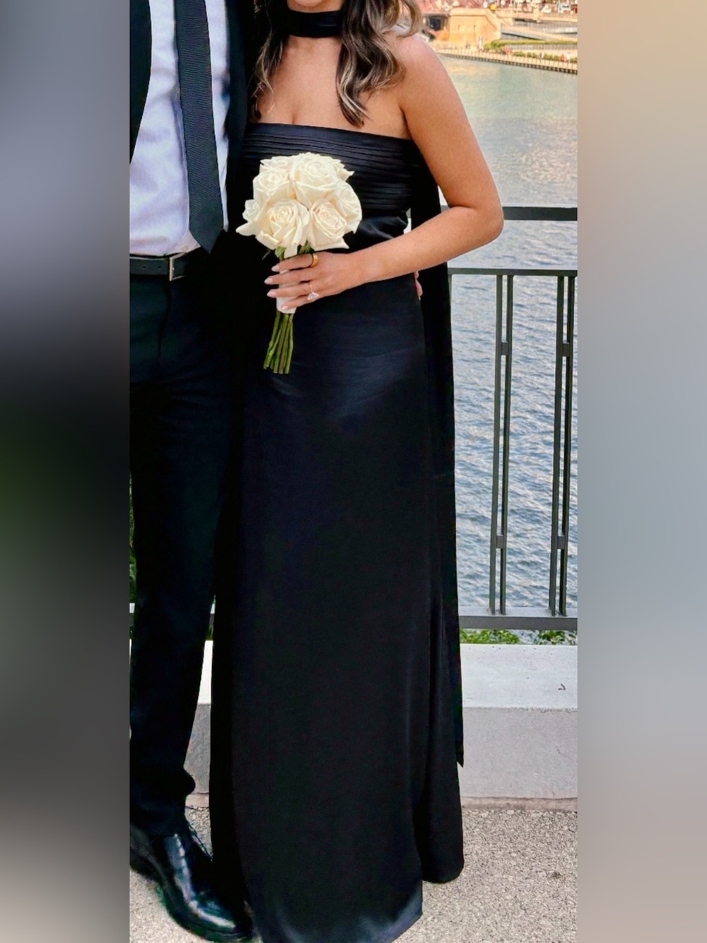 black satin strapless dress with scarf